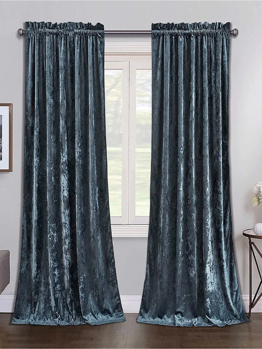 Velvet Rod Pocket Window Curtains - Slate Blue 100x96in